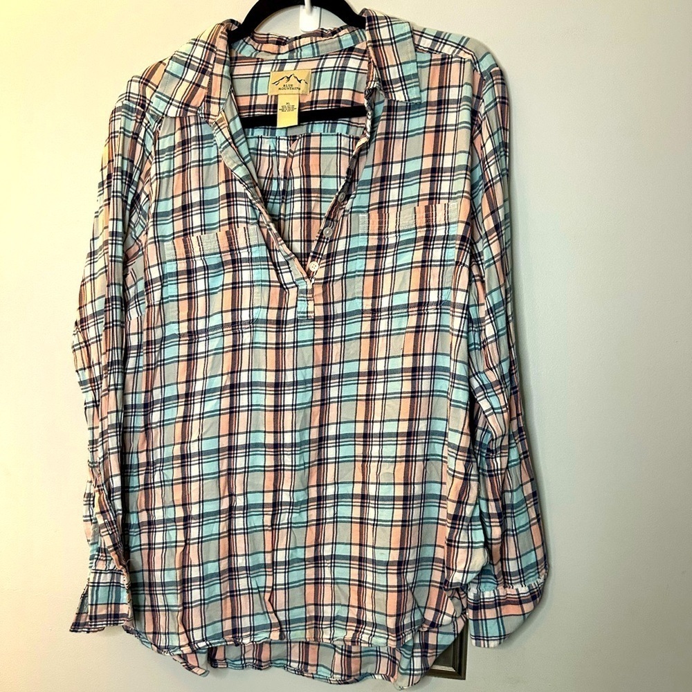 Pink and blue mountain plaid ladies top xl